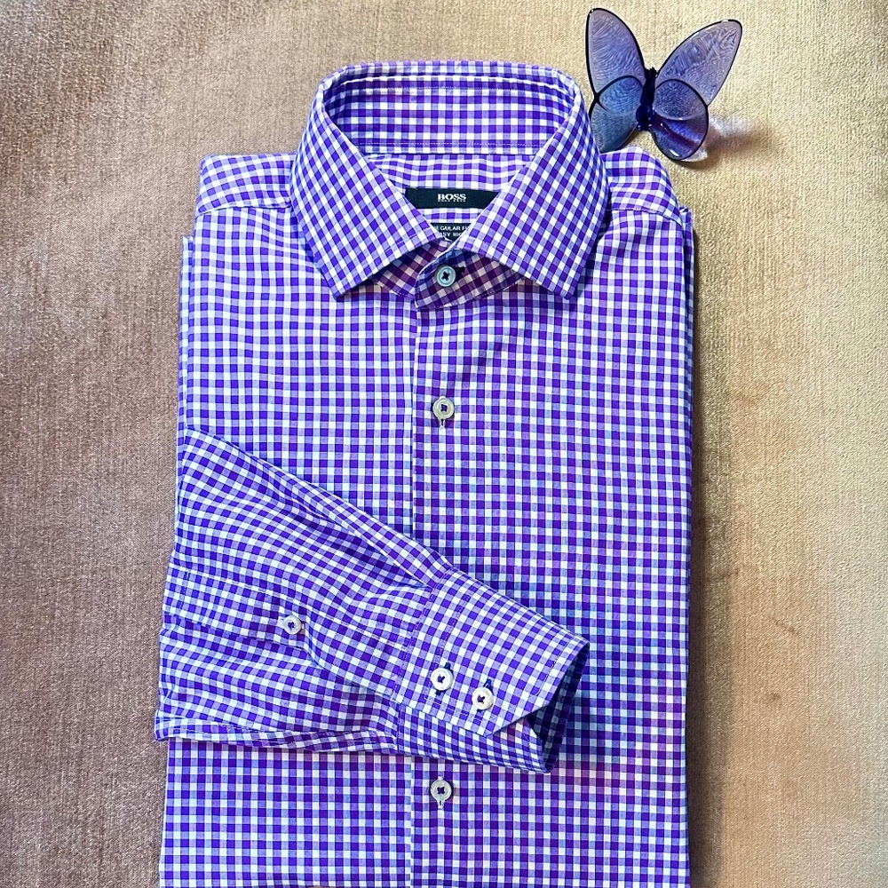 Hugo Boss Violet Mini Gingham Dress Shirt / Mens 39